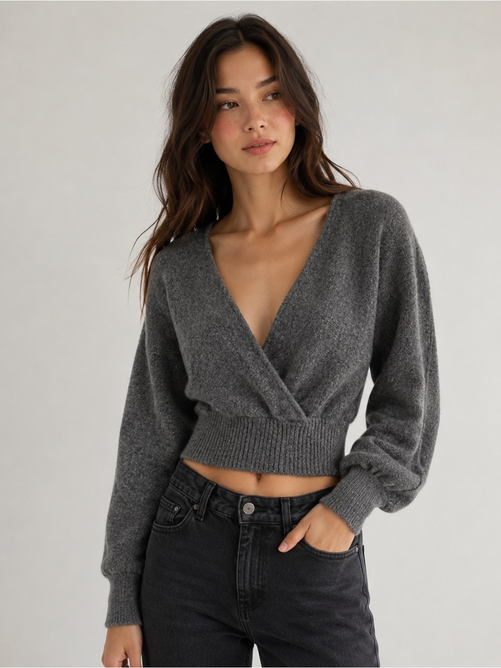 Wilfred Charcoal Cropped V-Neck Wrap Sweater